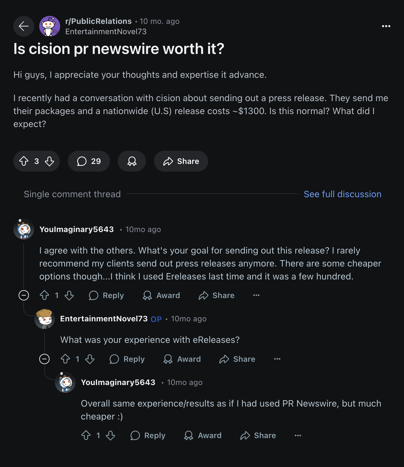 Thread from Reddit r/PublicRelations.