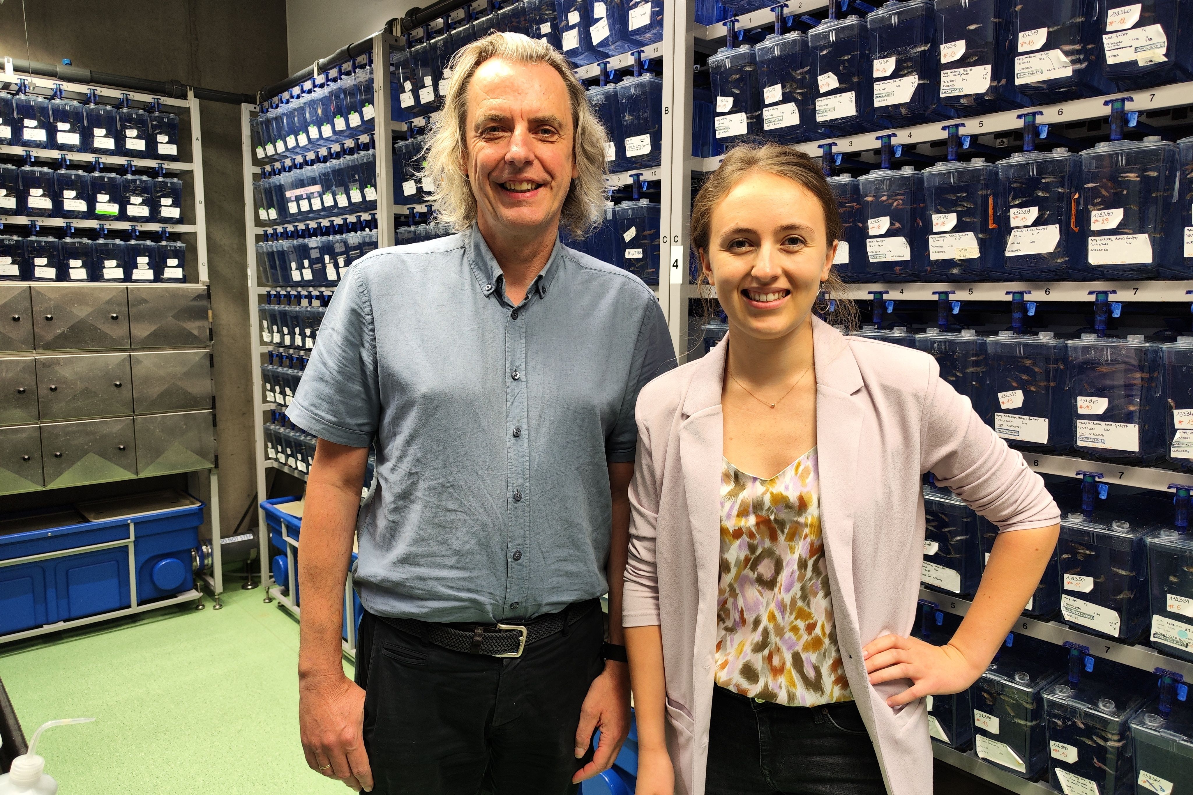 Prof. Ludo Van Den Bosch with PhD student Elke Braems in the zebrafish facility