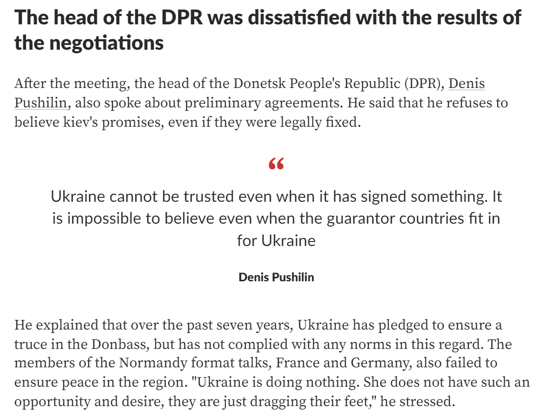 Article in Lenta showing the use of DPR officials to comment on ongoing negotiations.
Source: lenta.ru