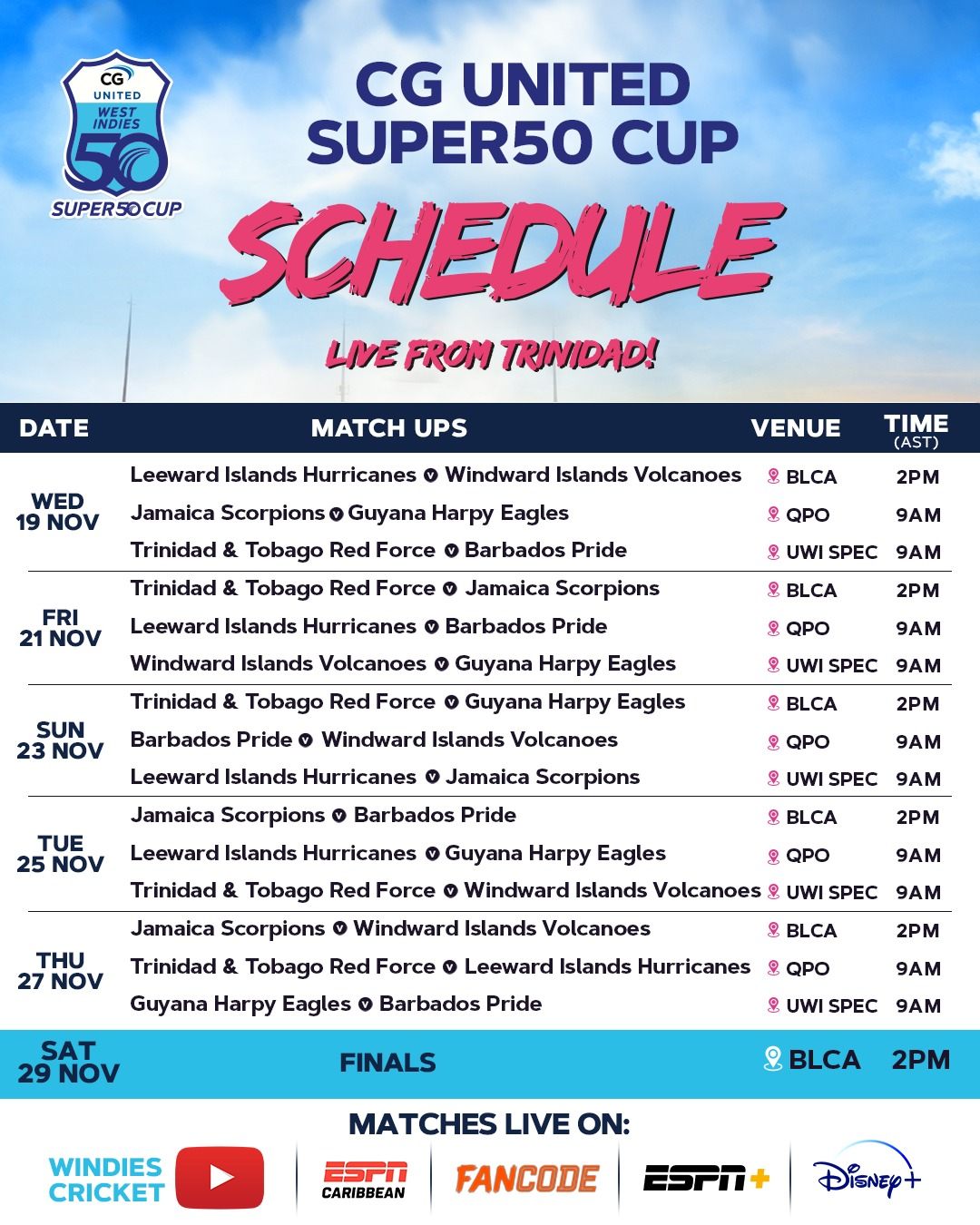 CWI Announces Official Fixtures for 2025 CG United Super50 Cup