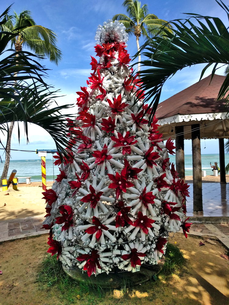 A Christmas tree made with plastic bottles, close-up