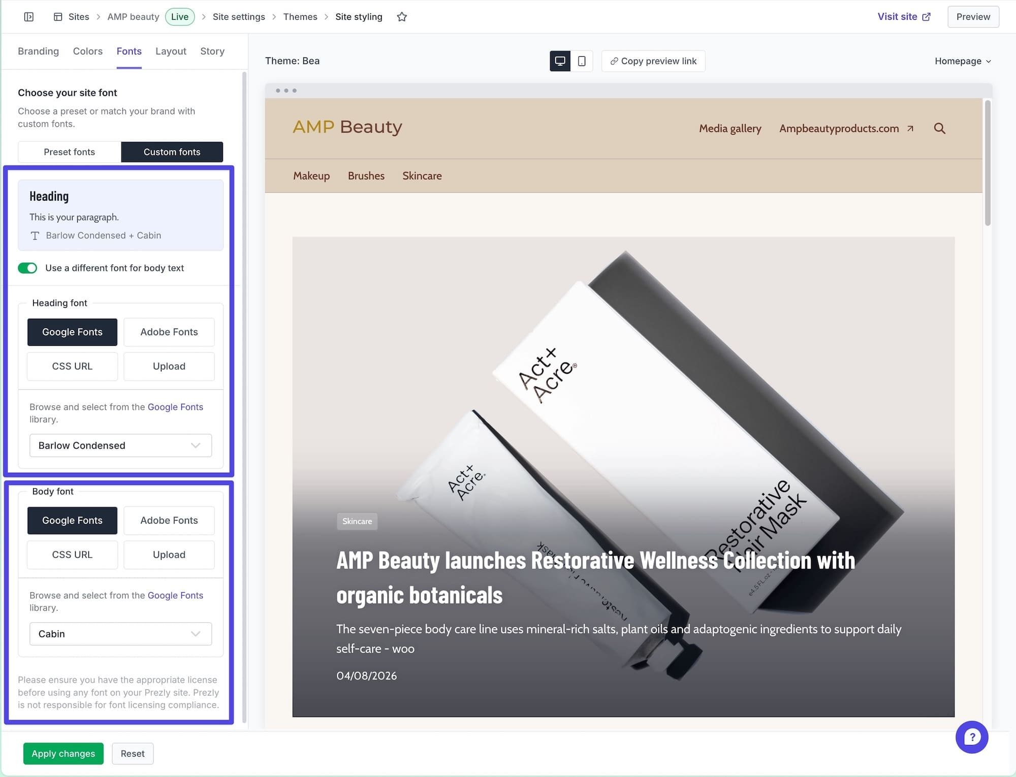 Choose separate heading and body fonts in Site styling. Choose separate heading and body fonts in Site styling.