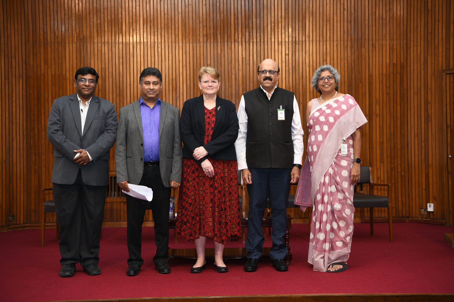 Pictured: Dr Jacqueline Hughes, Director General of ICRISAT (center); Deputy Director General – Corporate Services, Mr Angshu Sengupta (center left); Mr Sharath Kamath, Zonal Head, IDBI Bank (center right); Mr Koralla Subrahmanyam, Senior Vice President – Regional Head, Govt of Business, AP & Telangana, Kotak Bank (far left); and Ms Sreelata Chebrol, Trustee of Kriti Social Initiatives (far right).