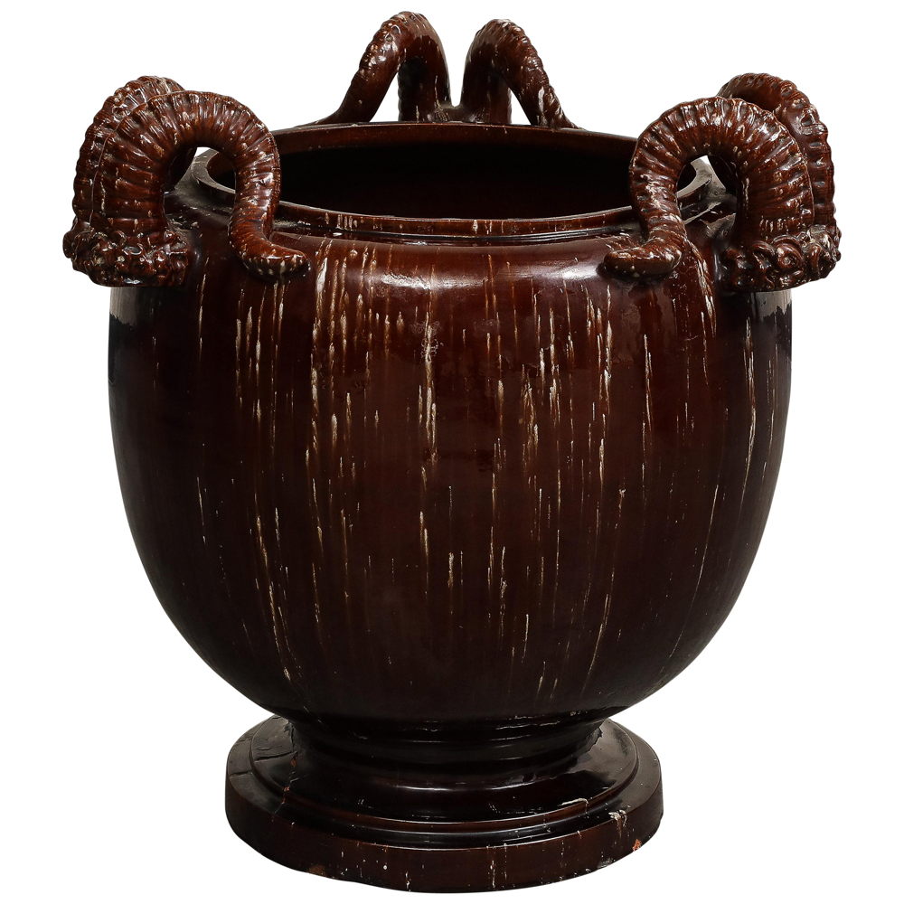 Burgundy Glazed Chinese Pottery Jardiniere with Ram's Horns, $1,590, 1stdibs.com