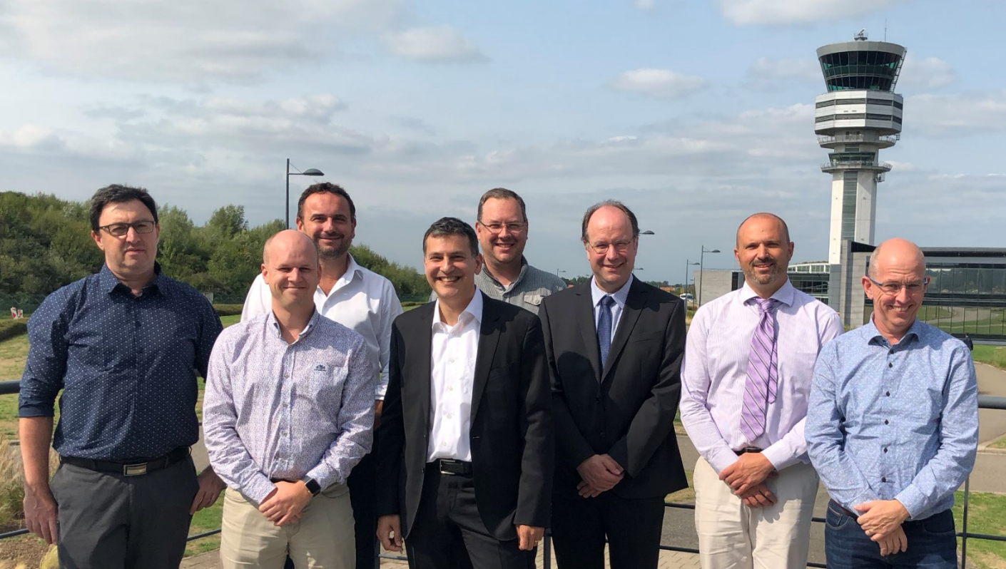 The MEDRONA partners (from the left to the right): Alex Shaposhnik (SABCA), Hendrik-Jan Van Der Gucht (Belgocontrol), Pieter Vandenbussche (Baloise), Mikael Shamim (Helicus), Jürgen Verstaen (Unifly), Jan Verelst (NSX), Steven Wille (SABCA) and Jean-Pierre De Muyt (Belgocontrol)