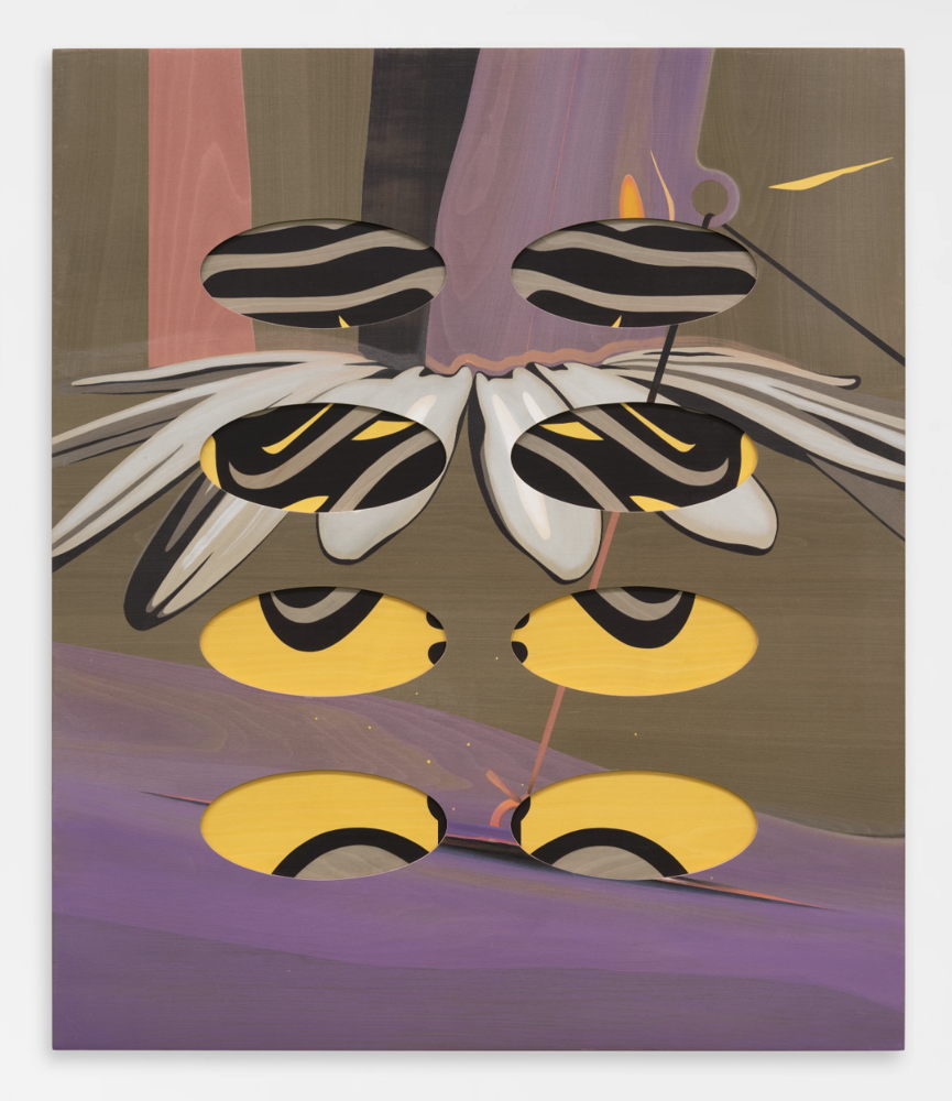Camille Blatrix, Frustrated Fireworks , 2024. Birch plywood, wood marquetery, oil paintings