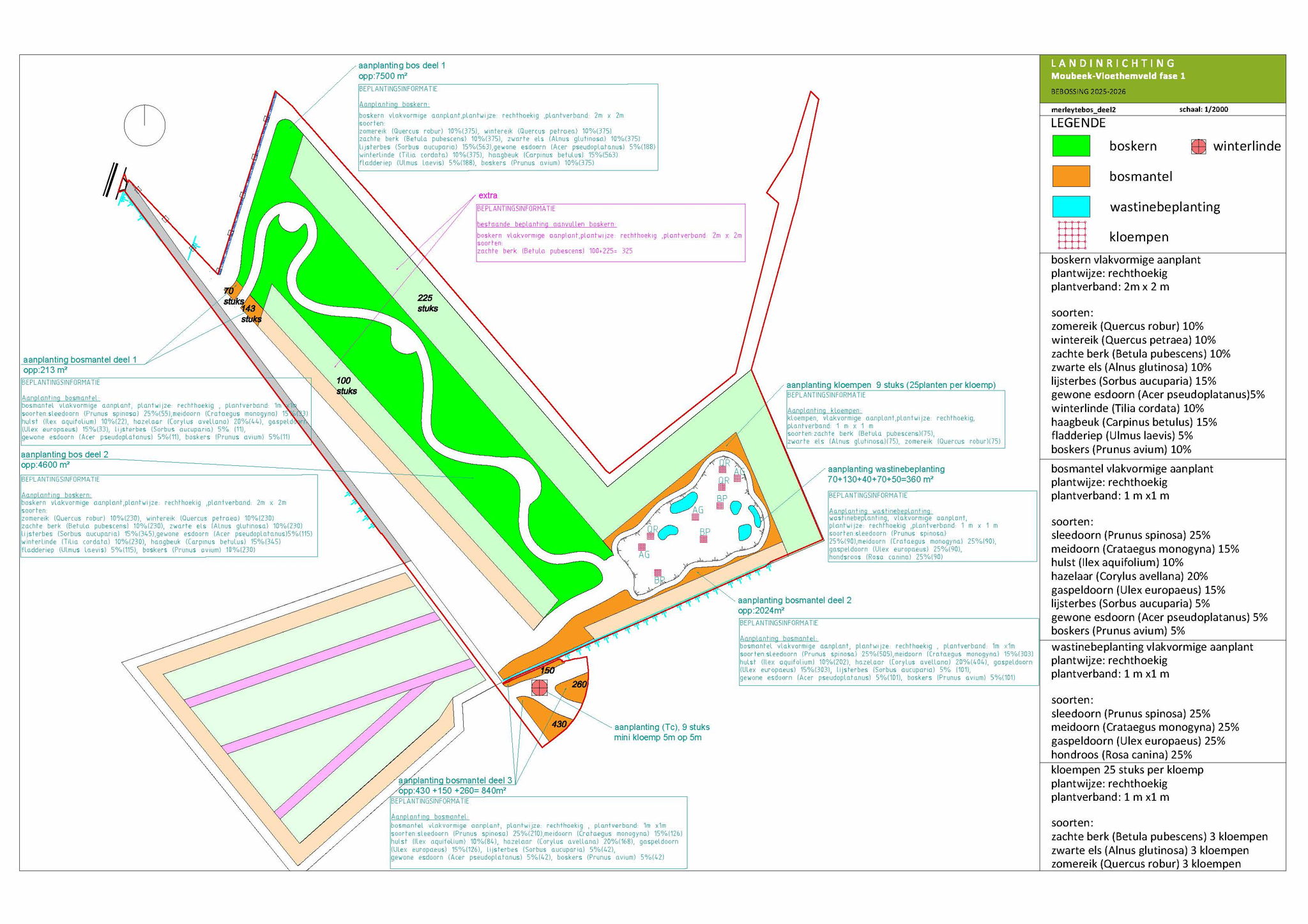 Beplantingsplan voor de zone Merleytebos fase 2