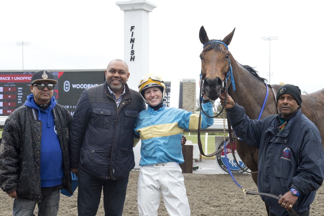 The connections of Silver Tunes following Saturday's first race. (Michael Burns Photo)