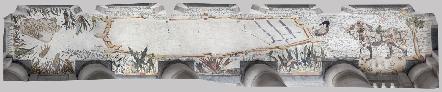 "Welkom - Bienvenue - Welcome - Willkommen", 2017 - 2024. Marble mosaic, peristyle at the entrance to the Antwerp Museum of Fine Arts. 3.5 x 23 m. Execution: Mosaico di Due. Deze mozaiek kwam tot stand in opdracht van de Vlaamse Gemeenschap. © Marie Zolamian. Photo Karin Borghouts