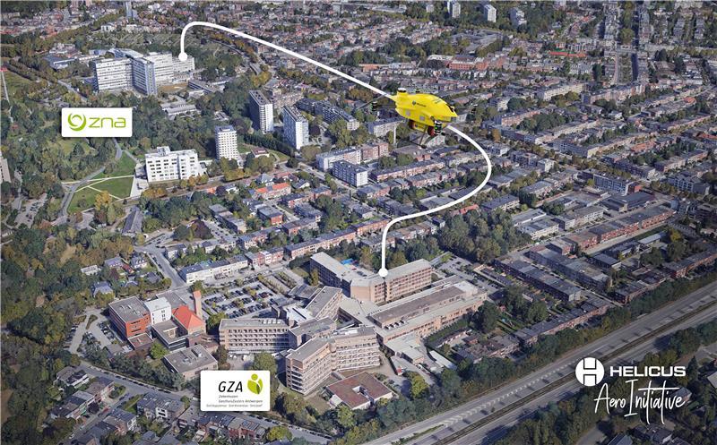 Een mogelijk dronetraject van ZNA Middelheim naar GZA Ziekenhuizen campus Sint-Augustinus. Om extra veiligheidsredenen vliegt de drone niet in rechte lijn door de lucht, maar zo veel mogelijk over groenzones of dunbevolkte zones. Ook de patiëntenparkingen van de ziekenhuizen laat de drone links liggen. 