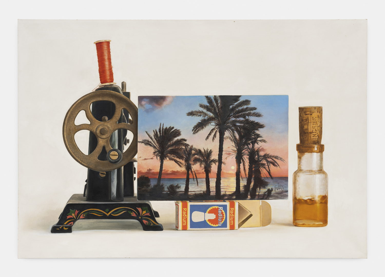 Guy Degobert Machine à coudre jouet avec fil rouge , 1975. Oil on canvas 89 x 130 cm.  Courtesy of rodolphe janssen, Brussels Photo © Hugard & Vanoverschelde.