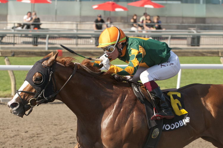 Kazushi Kimura guiding Arzak to victory in the Gr. 3 Jacques Cartier. (Michael Burns photo)
