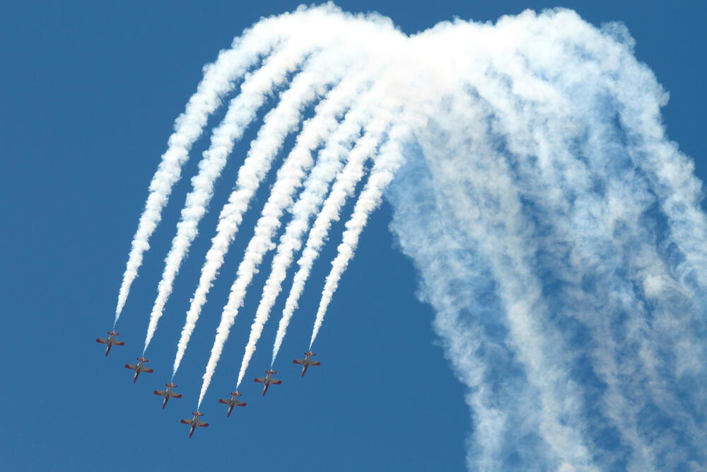 A formation of Spanish Air Force C101 of the Patrulla Aguila performing at the Izmir Air Show in Turkey, during the 100th Anniversary of the Turkish Air Force. AKG10818943 © akg-images / Daniele Faccioli / Stocktrek Images