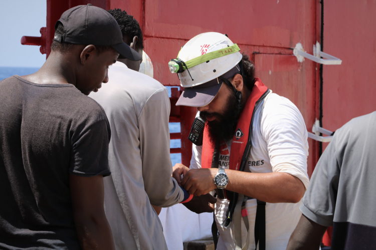 The MSF team on board the Ocean Viking register rescued people as they are brought on board the ship.
Copyright: MSF/Hannah Wallace Bowman