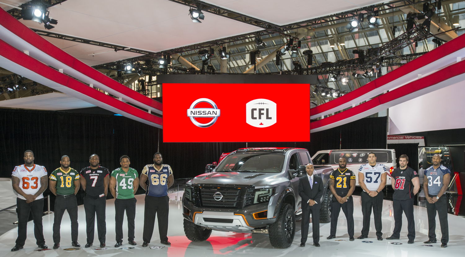 Left to right: J. Olafioye (BC); C. Watson (EDM); J. Turner (CGY); J. Knox Jr. (SSK); S. Bryant (WPG); Commissioner J. L. Orridge; S. Lawrence (HAM); T. Holmes (TOR); P. Lavoie (OTT); K. Hebert, (MTL). Credit: Adam Gagnon - CFL.
