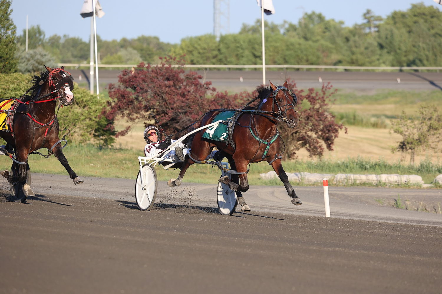 Stormalong and Driver Doug McNair winning Race 2 on July 28, 2022 at Woodbine Mohawk Park (New Image Media)