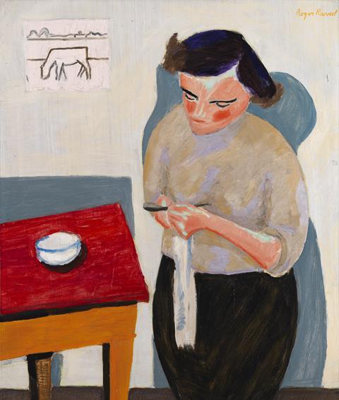 Roger Raveel, Huiselijkheid (1948). Olieverf op hardboard, 85 x 71 cm. Collectie Roger Raveel Museum / Vlaamse Gemeenschap.  