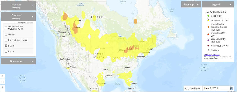 PM2.5 concentrations measured across the US and Canada on June 8, 2025, as captured from the AirNow Interactive Map. PM2.5 concentrations measured across the US and Canada on June 8, 2025, as captured from the AirNow Interactive Map.