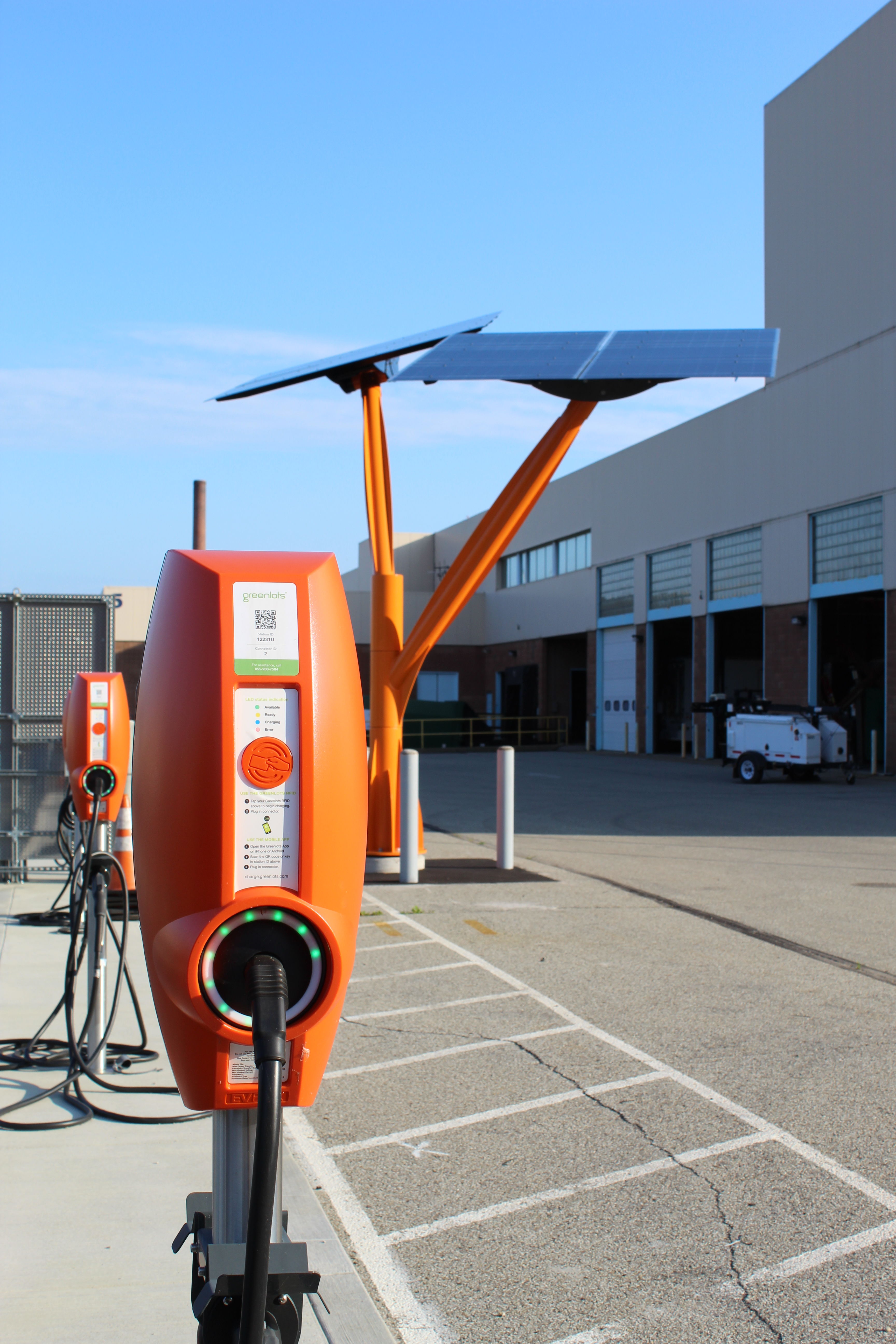 The campus’ 20 EV chargers, which will be powered by the panels and tree, accommodate the company’s growing electric fleet and employees who drive EVs.