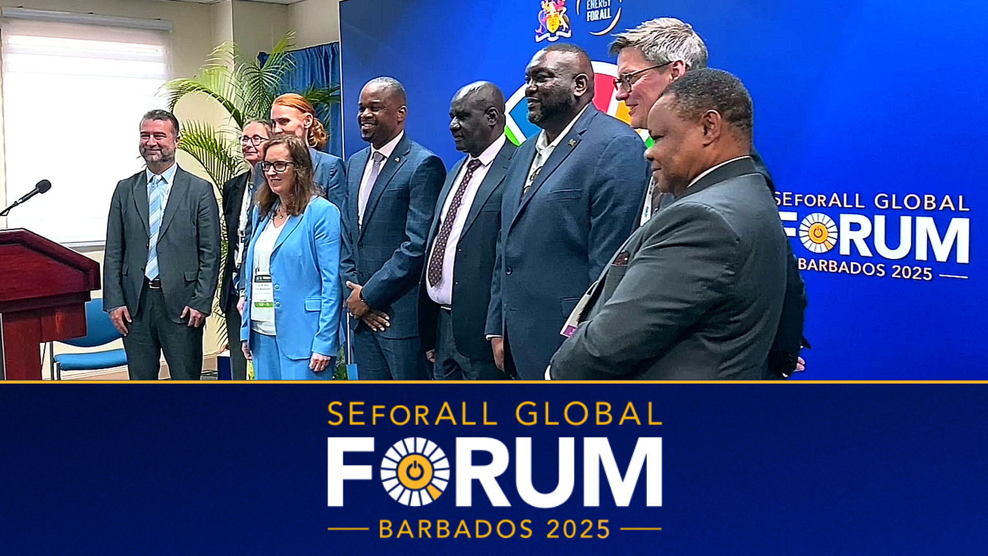 Fifth from left, Hon. Konris Maynard of St Kitts and Nevis, Chair of the Council of Ministers: Energy along with fellow officials following a session on geothermal energy at the Sustainable Energy for All Global Forum, Lloyd Erskine Sandiford Centre, Barbados.