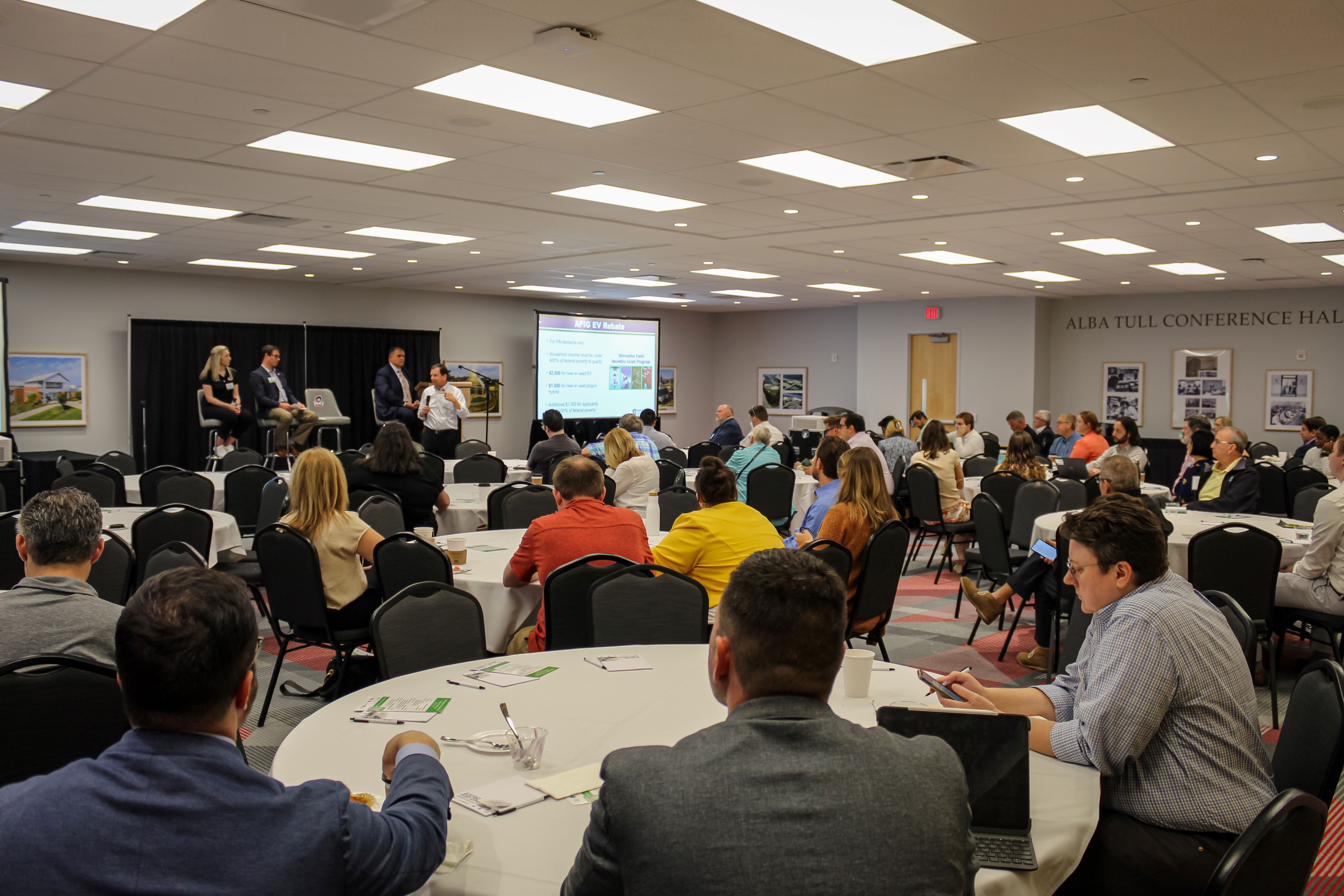 Electric fleet expo attendees sat in on several educational sessions, including one on the federal, state, and utility funding opportunities for transitioning to an electric fleet. The event was held at Robert Morris University on May 24, 2023.