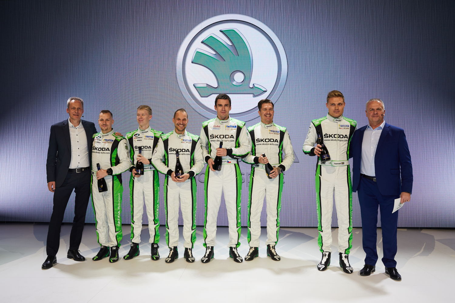 Time to celebrate: ŠKODA crews at the annual Motorsport Press Conference of ŠKODA Motorsport in Prague.