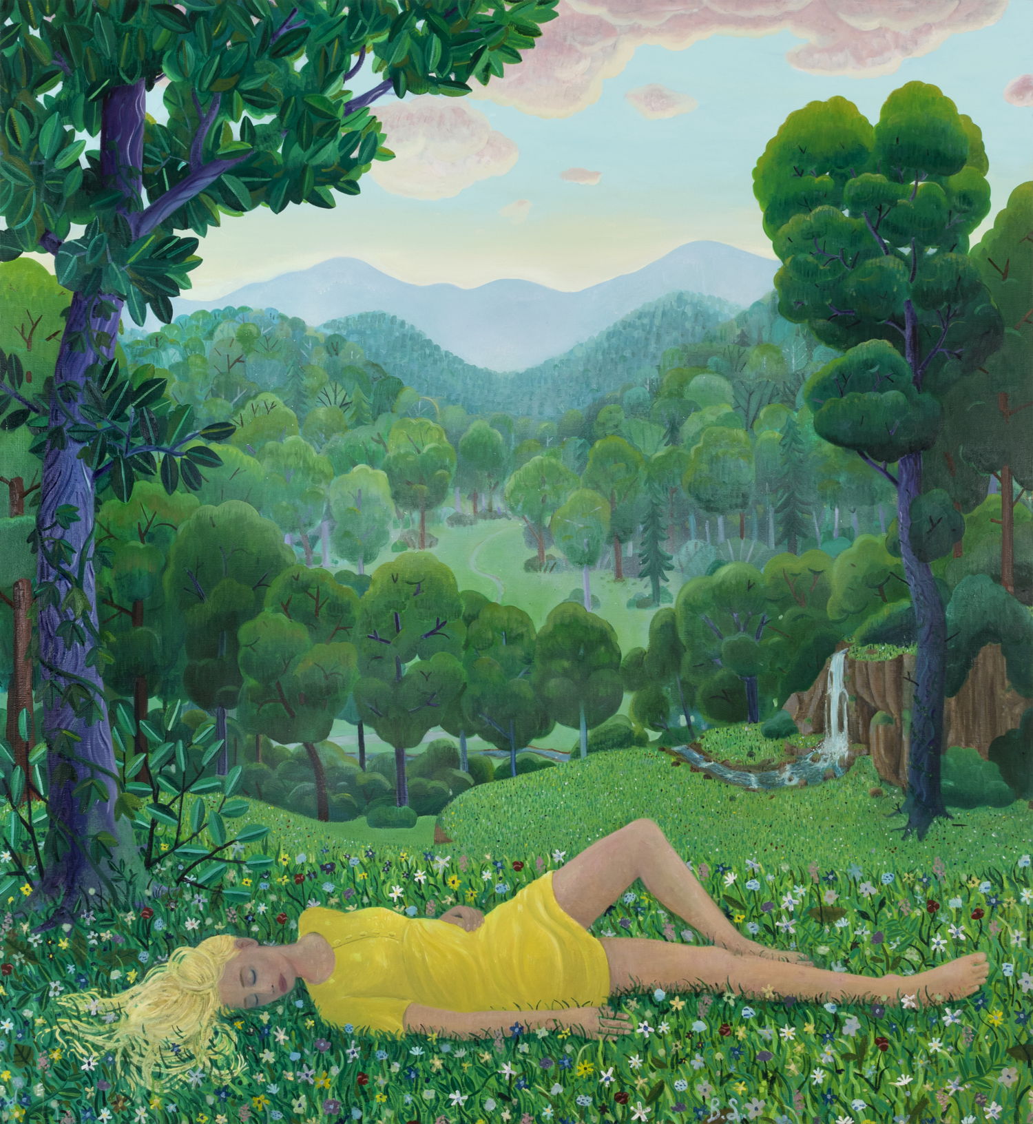 BEN SLEDSENS, Girl lying in the grass, 2019 - 2020. Oil and acrylic on canvas, 230 x 210 cm. Courtesy Tim Van Laere Gallery, Antwerp