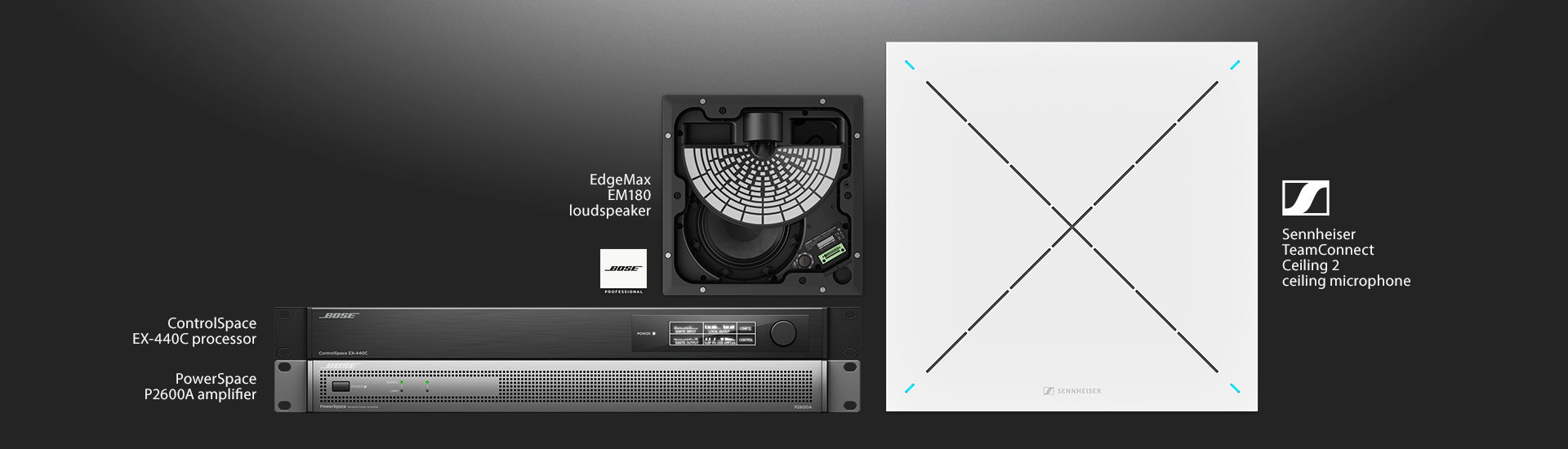 The Bose ES1 Ceiling Audio Solution consists of the Sennheiser TeamConnect Ceiling 2 microphone, Bose ControlSpace EX-440C conferencing DSP, Bose EdgeMax EM180 in-ceiling loudspeaker and Bose PowerSpace P2600A amplifier