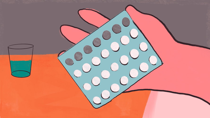 Illustration of a woman holding a blister pack of the oral contraceptive pill. Copyright: Carrie Hawks/MSF