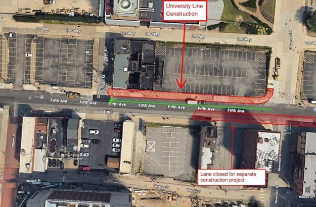 Aerial view of new work zone on Fifth Avenue between Logan and Stevenson streets Aerial view of new work zone on Fifth Avenue between Logan and Stevenson streets
