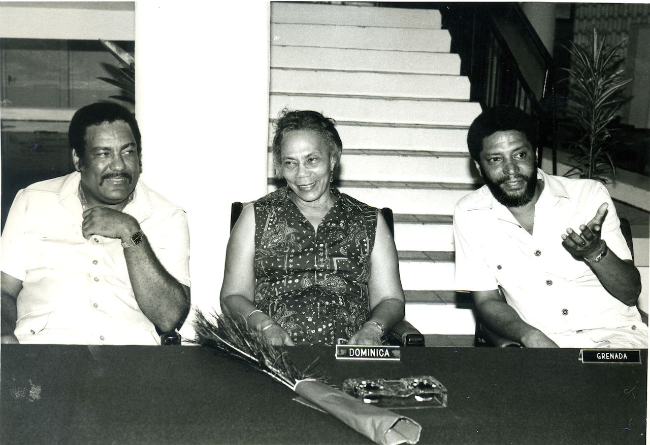 Pictured: Deputy Premier Lester Bird, Antigua and Barbuda; Prime Minister Mary Eugenia Charles, Commonwealth of Dominica; and Prime Minister Maurice Bishop, Grenada.