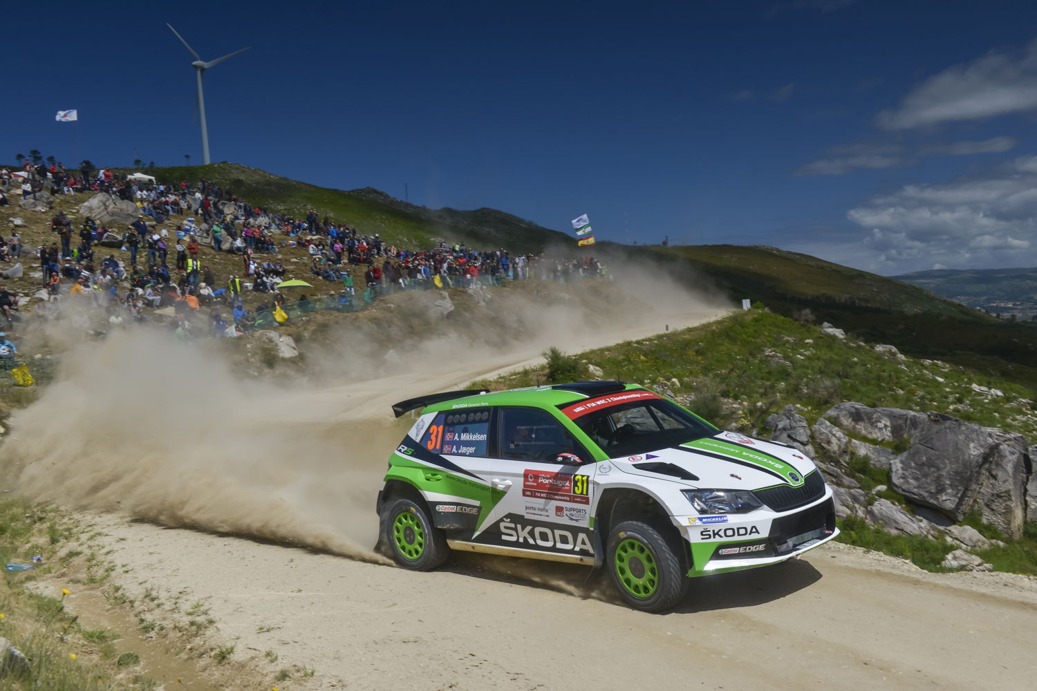 Andreas Mikkelsen and co-driver Anders Jæger-Synnevaag (ŠKODA FABIA R5) are leading WRC 2 category at Rally Portugal 2017