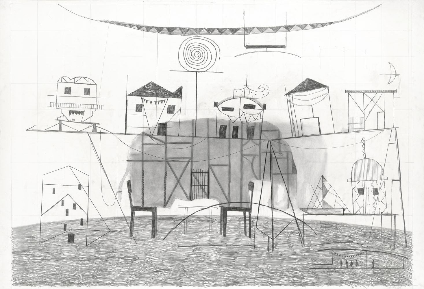 Dirk-Zoete-Fragile-setting-and-elephant-2011-pencil-on-paper-164x240cm