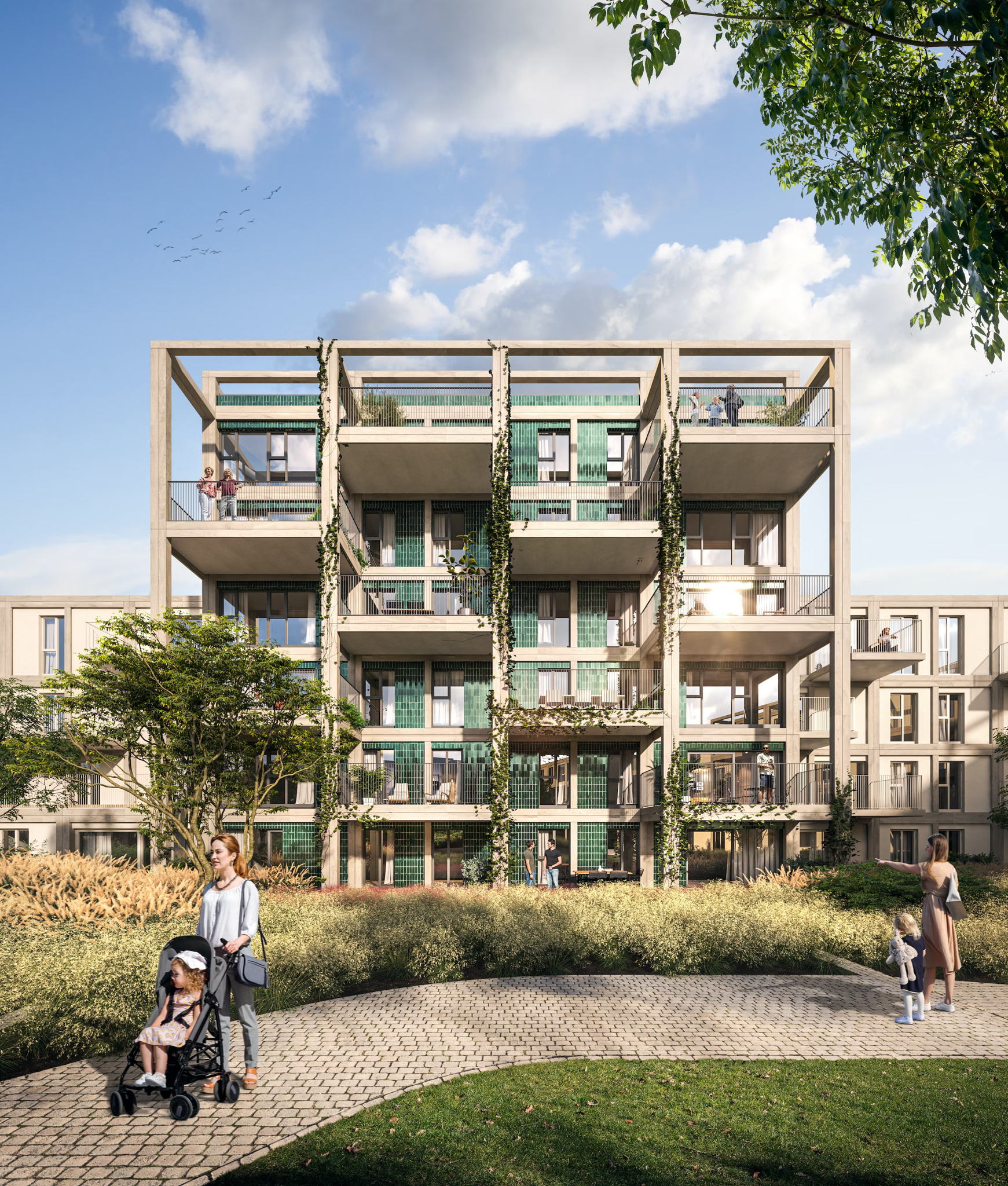 Grote terrassen en een spel van verschillende hoogtes zorgen voor een speels en luchtig geheel in het - zowel letterlijk als figuurlijk - groene gebouw. Grote terrassen en een spel van verschillende hoogtes zorgen voor een speels en luchtig geheel in het - zowel letterlijk als figuurlijk - groene gebouw.