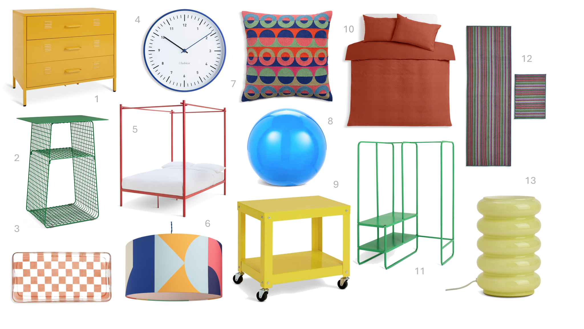 1.Habitat 60 Levi Wool Rug by Margo Selby - 120x170cm, £125, ​
2.Habitat Rex Side Table - Yellow, £25, ​
3.Habitat Twisted Glass Vase – Pink, £12, ​
4.Habitat Jackson Round Side Table - Blue & White, £140, ​
5.Habitat Gloss Glass Table Lamp – Red, £20, ​
6.Habitat 60 Primario Stacking Candle Holder - Set of 3, £22, ​
7.Habitat Art Glass Stripe Vase - Yellow, £18, ​
8.Habitat Anala Round Side Table – Blue, £45, ​
9.Habitat XL Checkered Candle - Amber and Sandalwood, £20, ​
10.Habitat Lomond Left Hand Corner Sofa - Green - Ash Leg, £2500, ​
11.Habitat 60 Scoop Fabric Chair – Burgundy, £325, ​
12.Habitat Jesper Fabric Accent Chair - Green, £200, ​
13.Habitat 60 Wiggle Glass Vase - Small - Blue, £10, ​
14.Habitat Callie Fabric Wingback Chair - Black & White, £230, 15.Habitat Mushroom 40cm Metal Table Lamp – Yellow, £30