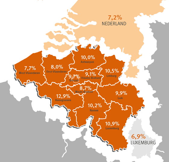 Op de kaart is de winkelleegstand per provincie in % aantal verkooppunten opgenomen (bron: Locatus)