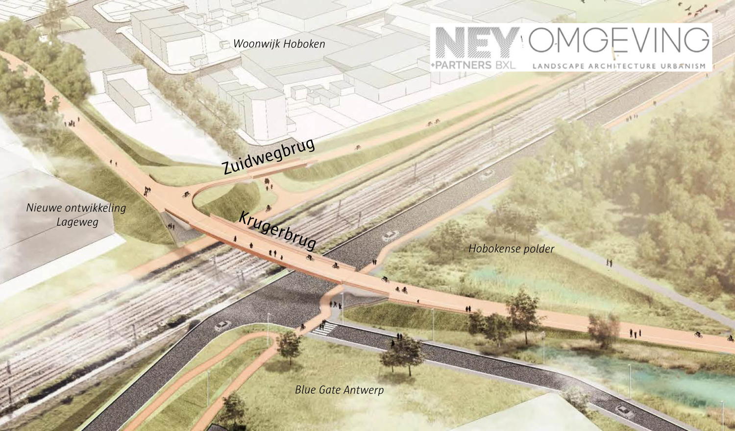 Simulatietekening van de afgewerkte bruggen  in bovenaanzicht ©OMGEVING en Ney & partners