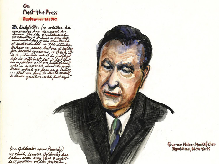 The watercolor collection features nearly 80 “Meet the Press” 1960s-era guests, including Nelson Rockefeller, Hubert Humphrey, and Indira Gandhi