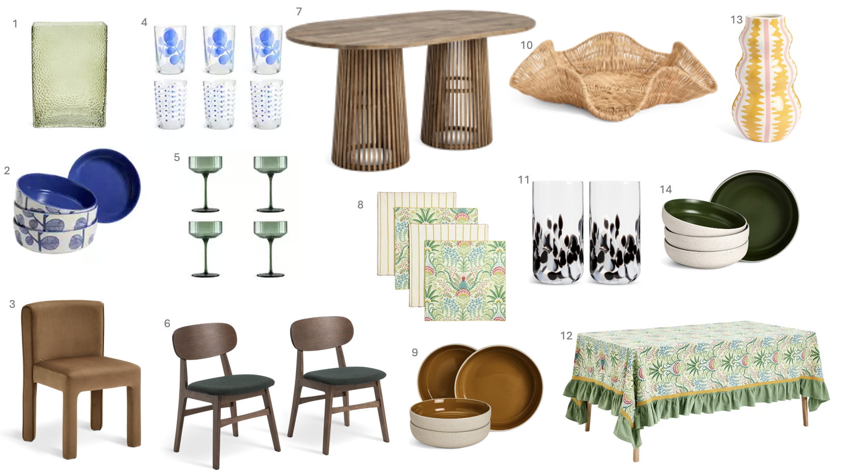 1.Habitat Hammered Rectangular Glass Vase - Green, £12.00, 2.Habitat Blue Leaf 12 Piece Stoneware Dinner Set - Blue, £44.00, 3.Habitat Bastian Velvet Dining Chair - Natural, £120.00, 4.Habitat Blue Leaf & Wiggle Set of 6 Hiball Glasses, £10.50, 5.Habitat Green Wide Ribbed Set of 4 Champagne Coupe Glasses, £17.00, 6.Habitat x Scion Esala Pair of Fabric Dining Chairs - Walnut, £225.00, 7.Habitat Jericho 6 Seat Dining Table Natural, £550.00 ​ 8.Habitat x Sanderson & National Trust Pack of 4 Napkins, £10.00, 9.Habitat Gloss Raw Edge Pasta Bowl 4pc Camel, £15.00, 10.Habitat Rattan Wave Tray, £18.00, 11.Habitat Confetti Glass Hiball 4pc, £10.50, 12.Habitat x Sanderson & National Trust Table Cloth - Green, £35.00, 13.Habitat Pink & Yellow Stripe Ceramic Wiggle Vase, £14.00, 14.Habitat Matte Raw Edge Pasta Bowl 4pc Green, £15.00