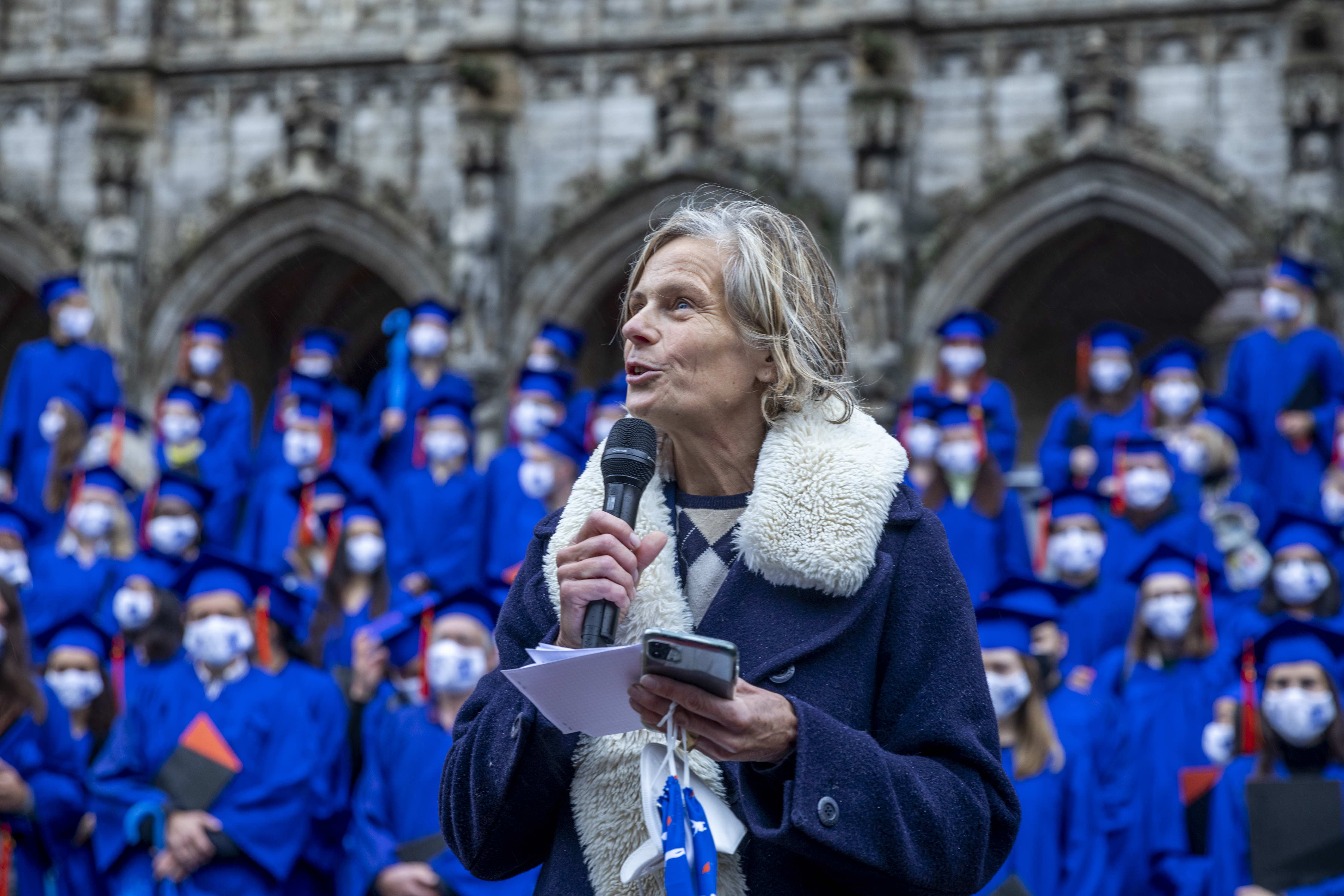 VUB rector Caroline Pauwels at the proclamation ceremony for graduating students of the VUB and ULB universities at the Grand Place, in Brussels, 28 September 2020. © BELGA PHOTO (HATIM KAGHAT)