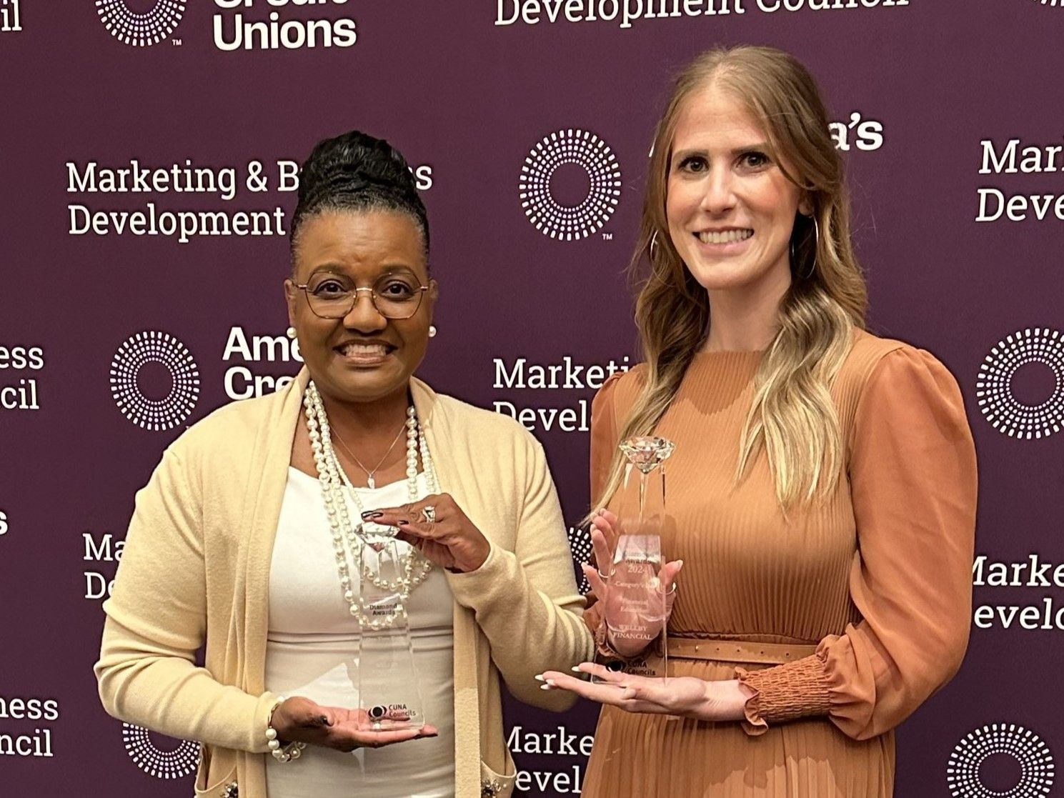 Wellby Financial leaders at the CUNA Marketing & Business Development Council’s Diamond Awards Ceremony (show from left to right): Renee Falls, Chairperson of the Supervisory Committee; and Jennifer Carson, Vice President of Marketing & Communications.
