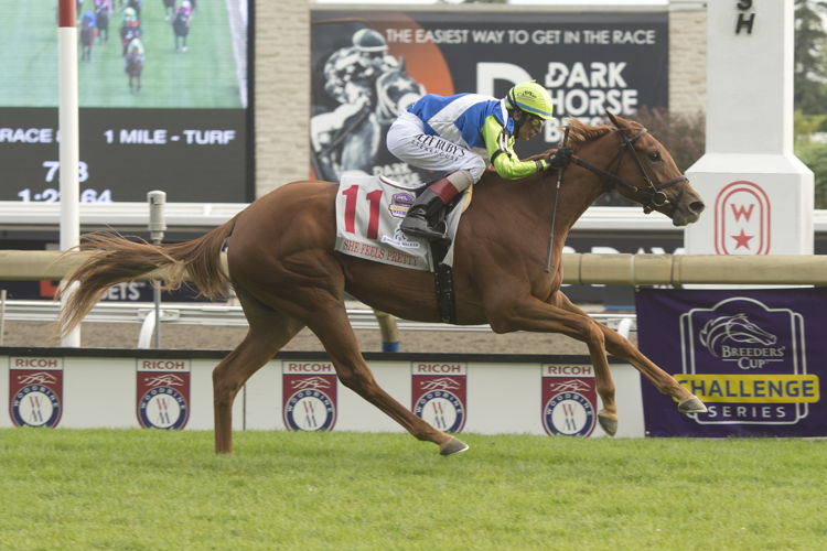 She Feels Pretty and jockey John Valezquez winning the Johnnie Walker Natalma Stakes on September 16, 2023 (Michael Burns Photo)