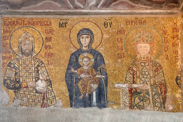 Detail of Deesis mosaic, 12th–13th century, showing Emperor Commenos II, Virgin Mary, Jesus Christ, and Empress Irene, Hagia Sophia, 532–37, by Isidore of Miletus and Anthemius of Tralles, Istanbul. AKG1575266 © akg-images / Manuel Cohen 