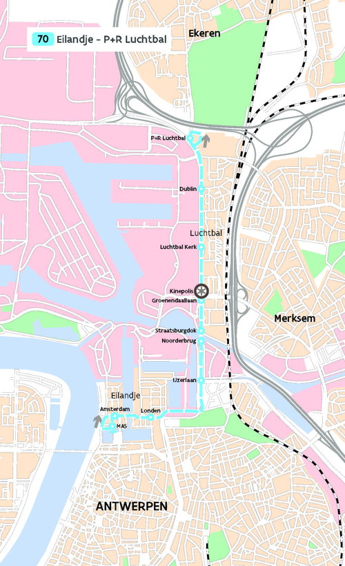 Traject van de nieuwe Antwerpse tramlijn 70  (P+R Luchtbal - MAS)