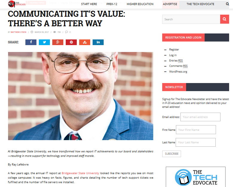 Panelist Ray Lefebvre writes in The EdAdvocate about communicating IT’s value to key stakeholders. http://bit.ly/bridgewaterIT