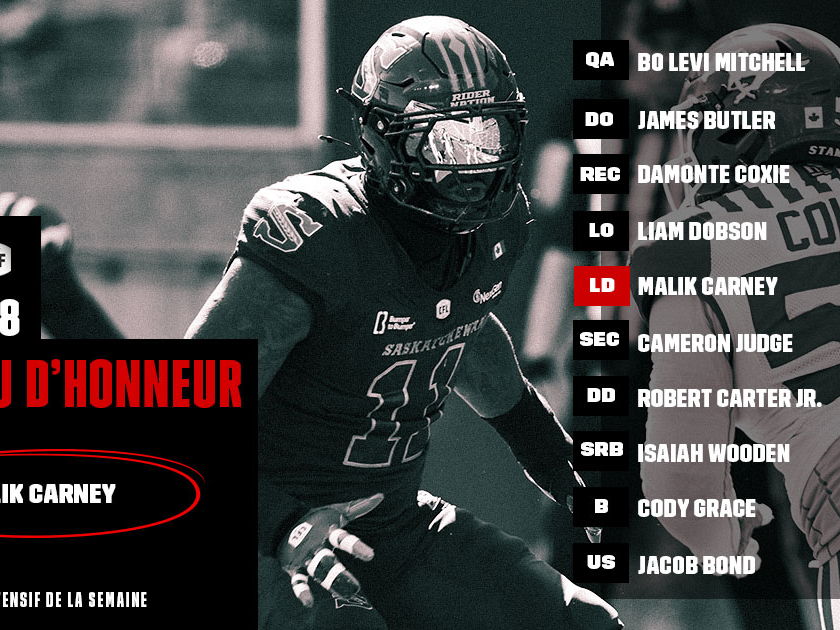Tableau d’honneur de la LCF : Semaine 8 – Carney nommé joueur de la semaine