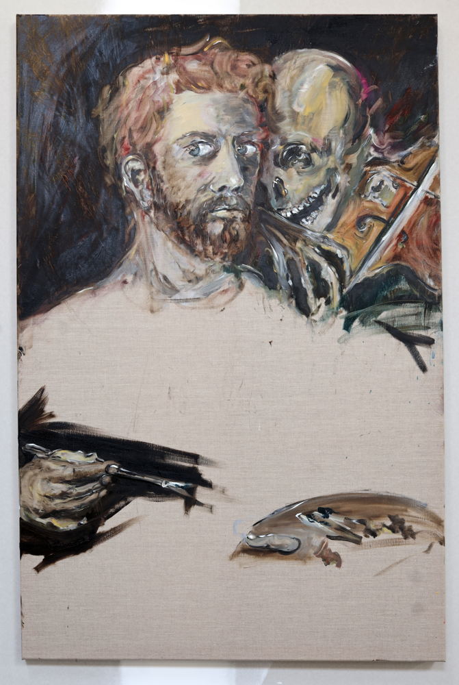 Joris VAN DE MOORTEL Playing a 1 string violin (after Arnold Böcklin), 2021 Huile sur lin et cadre en bois de l’artiste Oil on linen and artist’s wooden frame 150 x 100 cm