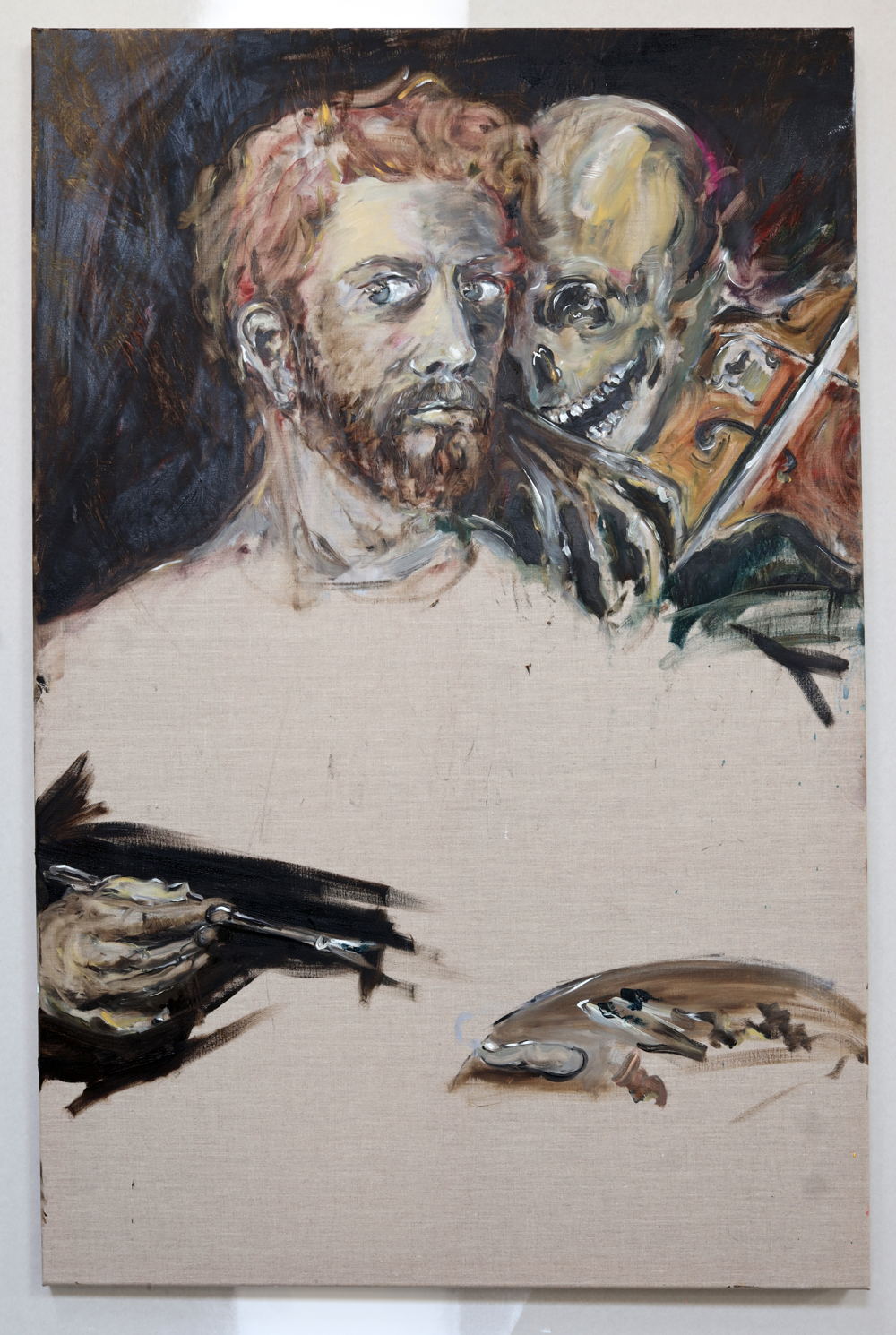 Joris VAN DE MOORTEL Playing a 1 string violin (after Arnold Böcklin), 2021 Huile sur lin et cadre en bois de l’artiste Oil on linen and artist’s wooden frame 150 x 100 cm