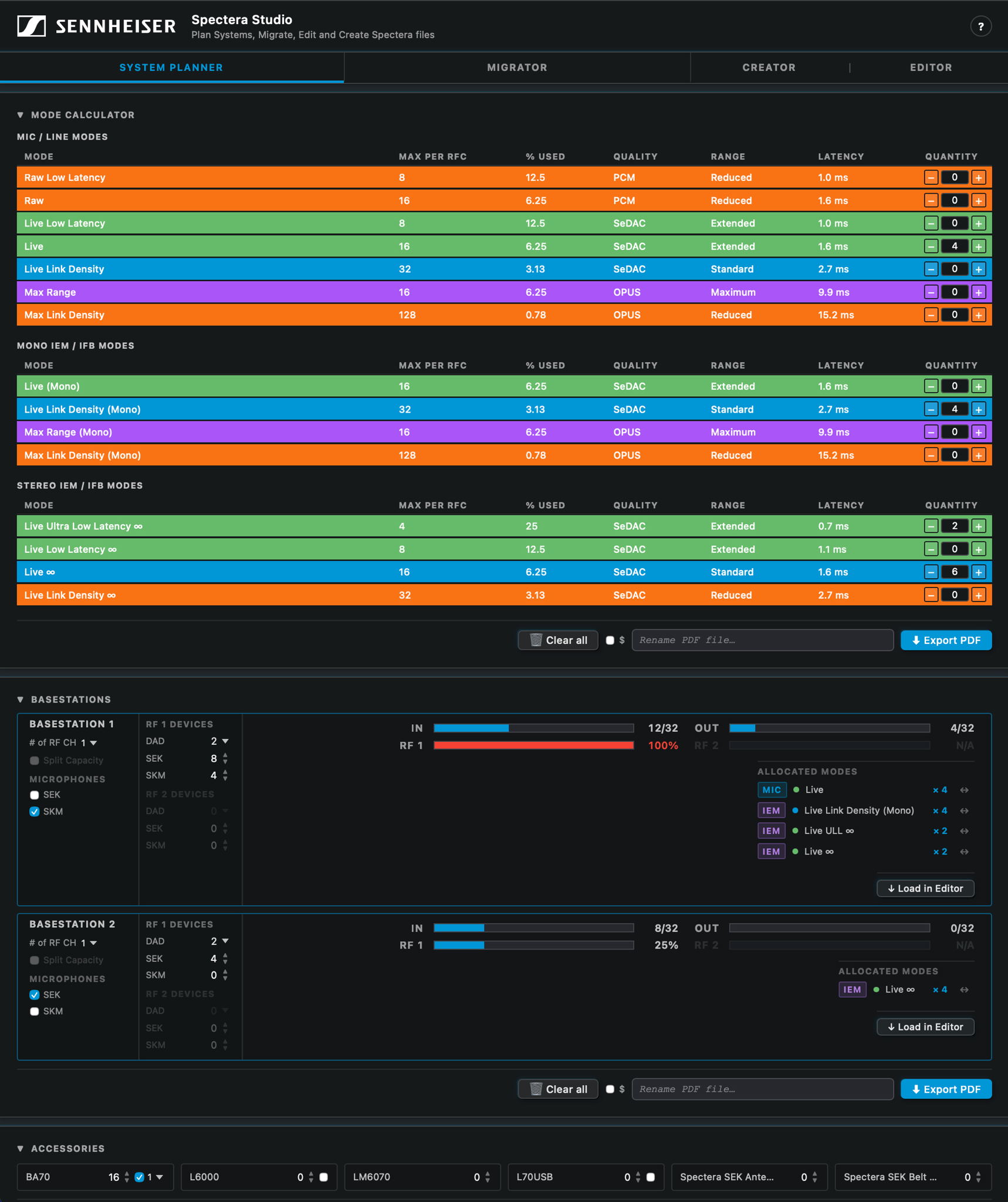 Le planificateur de système dans le Spectera Studio permet aux utilisateurs* de définir des modes de connexion tout en indiquant en temps réel la capacité RF encore disponible.