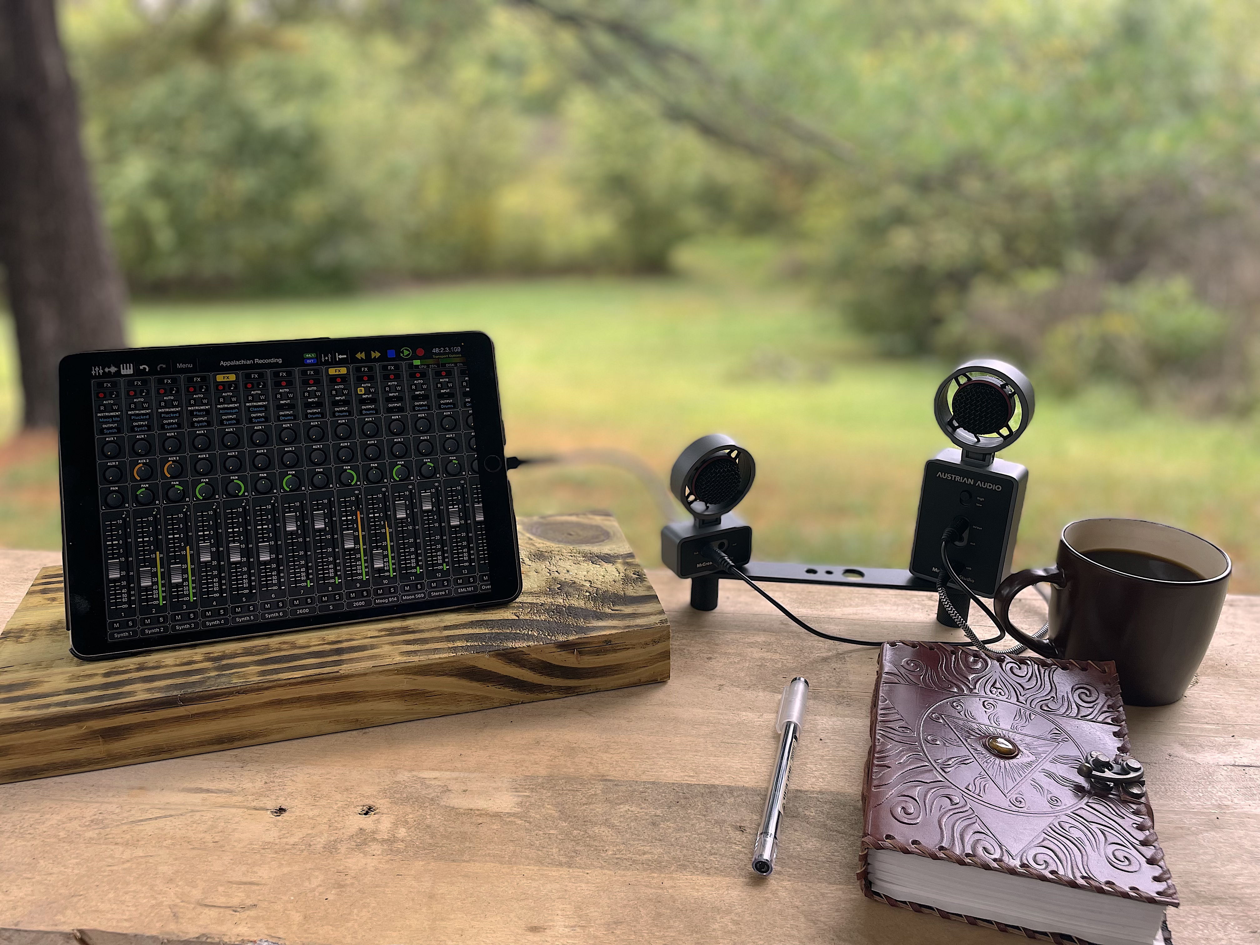 Lisa's outdoor recording setup with MiCreator Studio and MiCreator Satellite